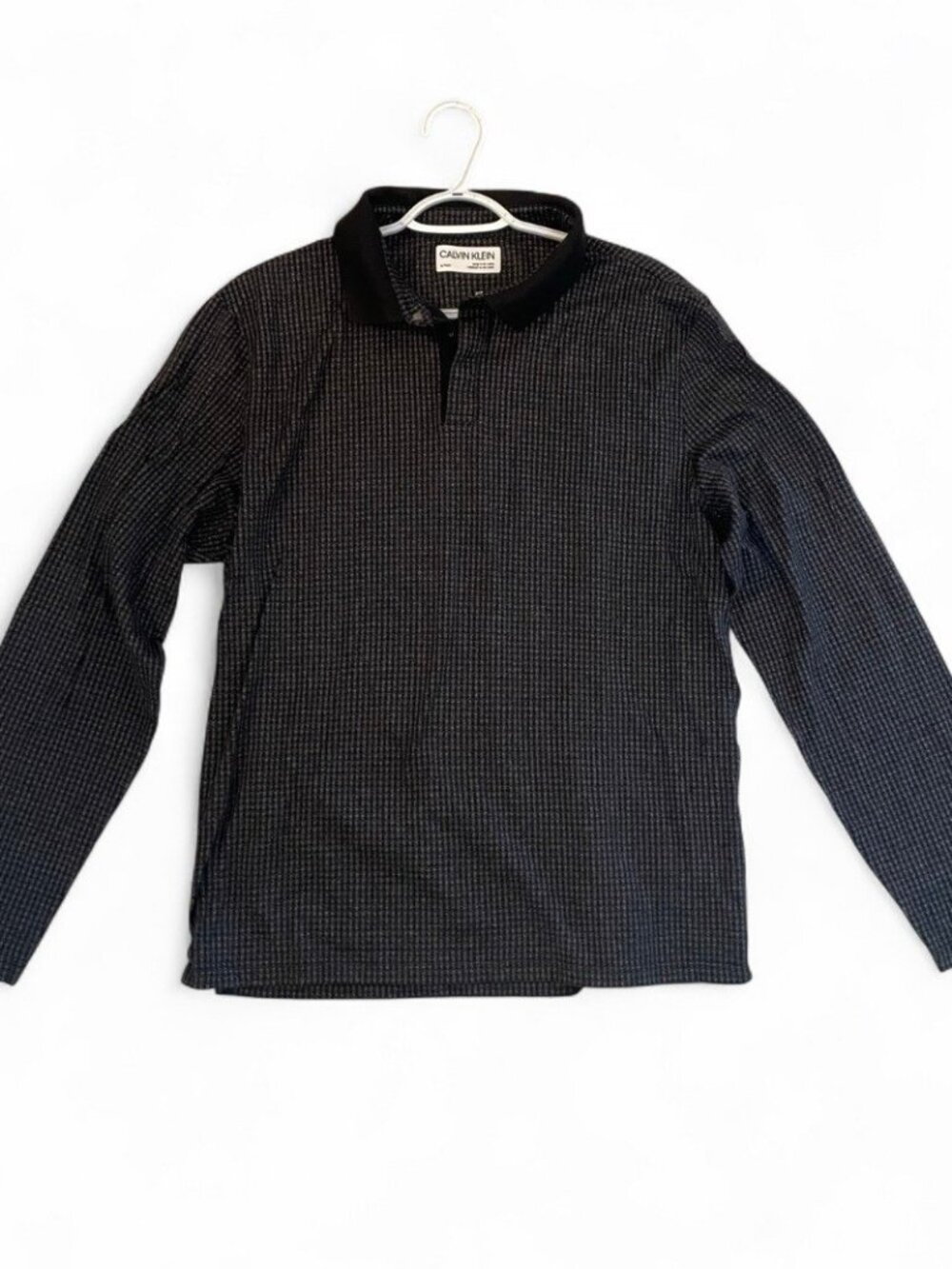 Calvin Klein Men’s Polo Long Sleeve Golf Cotton Shirt Buttons Black and Gray, XL